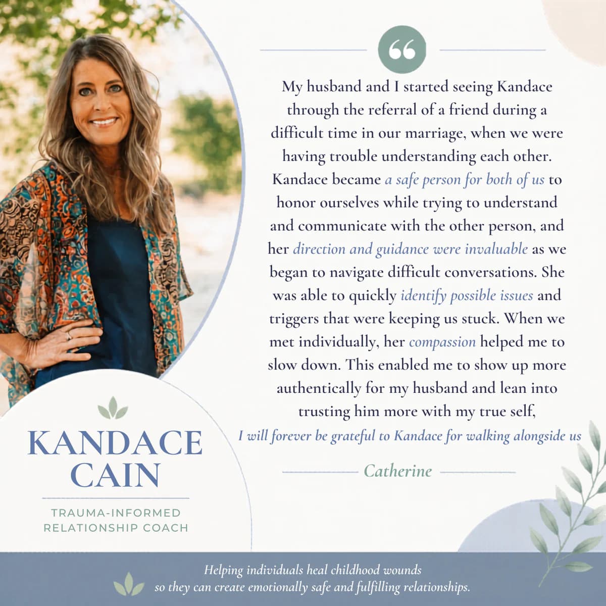Testimonial from Catherine, Tennessee - testimonial graphic featuring Kandace Cain Rather, trauma-informed relationship coach