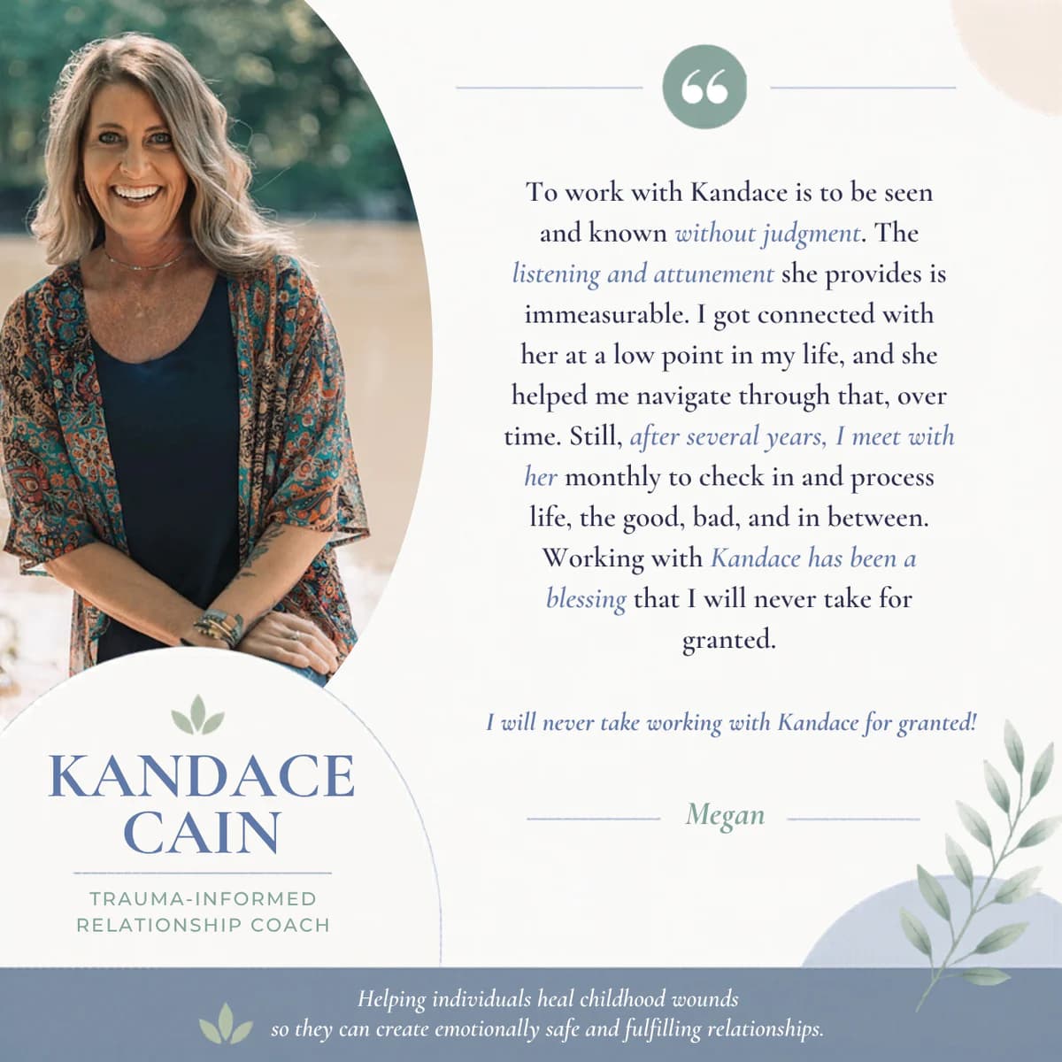 Testimonial from Megan, Kansas - testimonial graphic featuring Kandace Cain, trauma-informed relationship coach