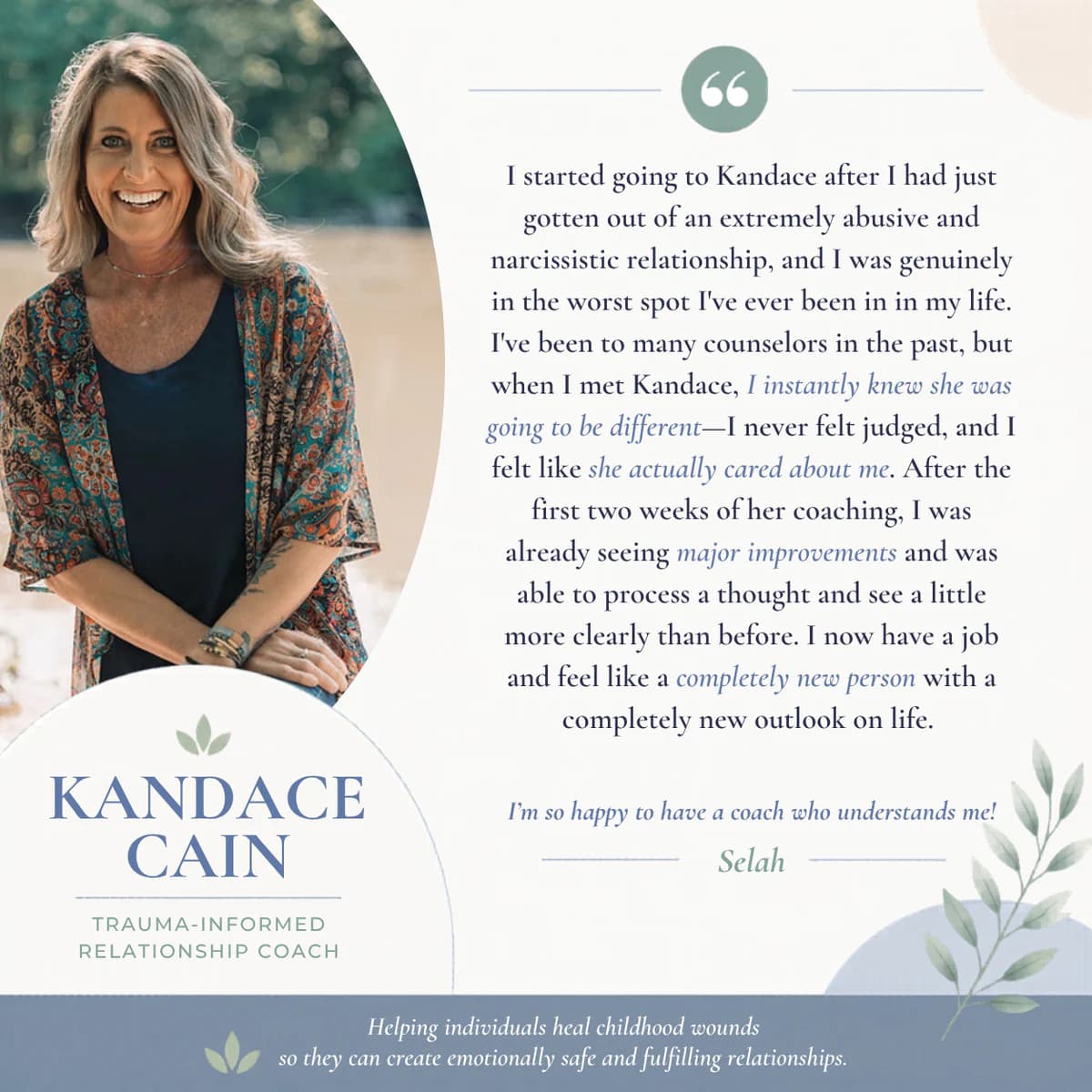 Testimonial from Selah, Kentucky - testimonial graphic featuring Kandace Cain, trauma-informed relationship coach